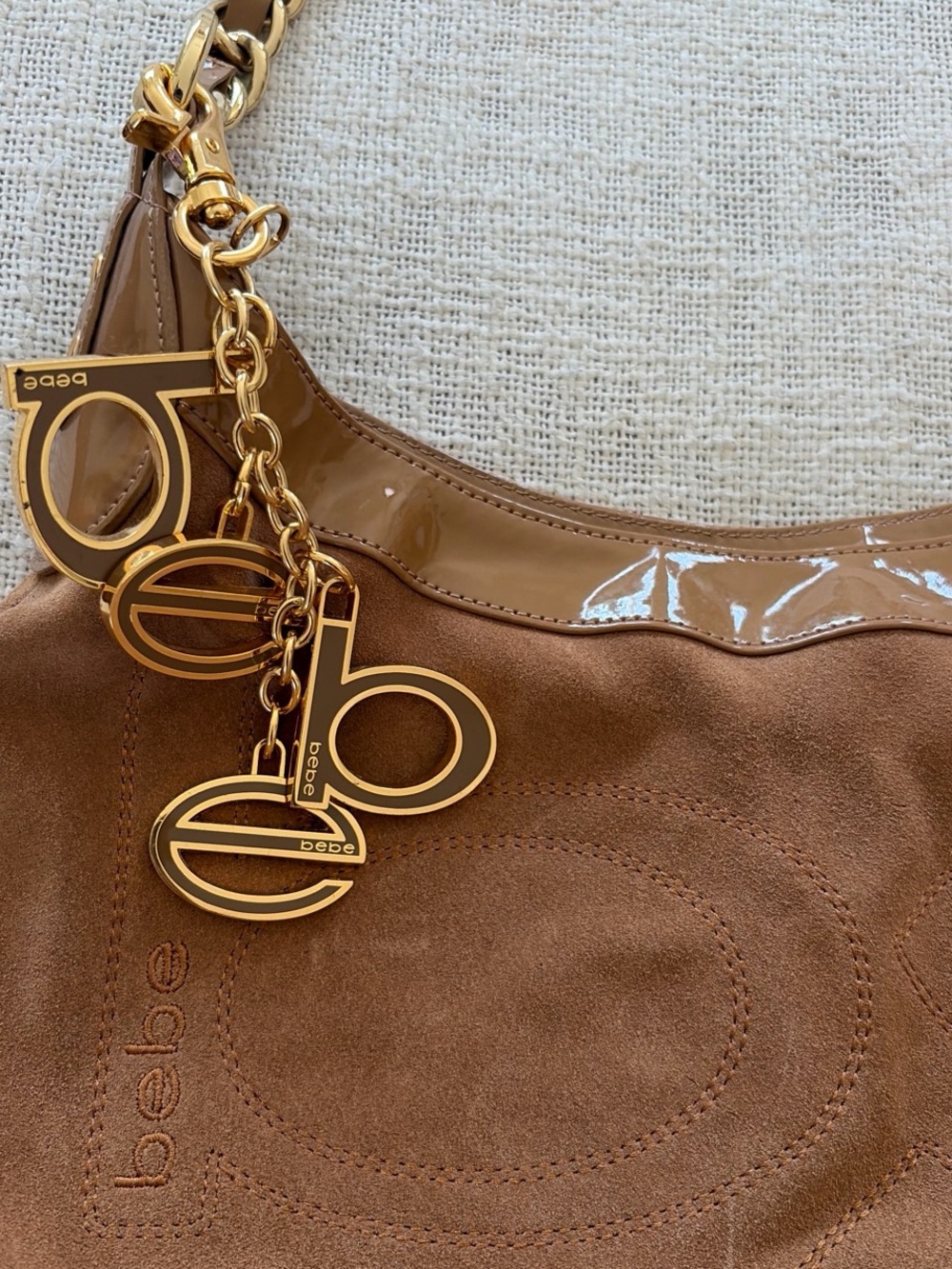 bebe Brown Suede & Patent Hobo with Gold Charm Chain